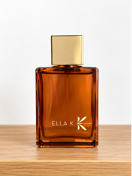 Ella K amber perfume bottle product photography