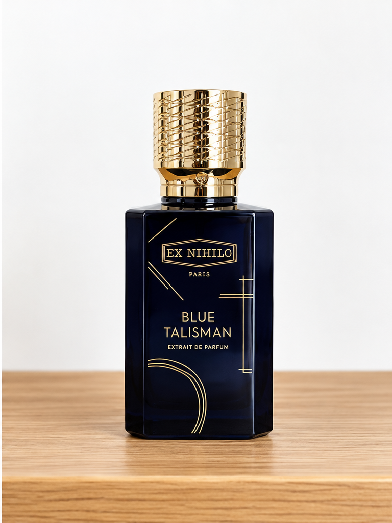 Blue Talisman Extrait perfume bottle product photography