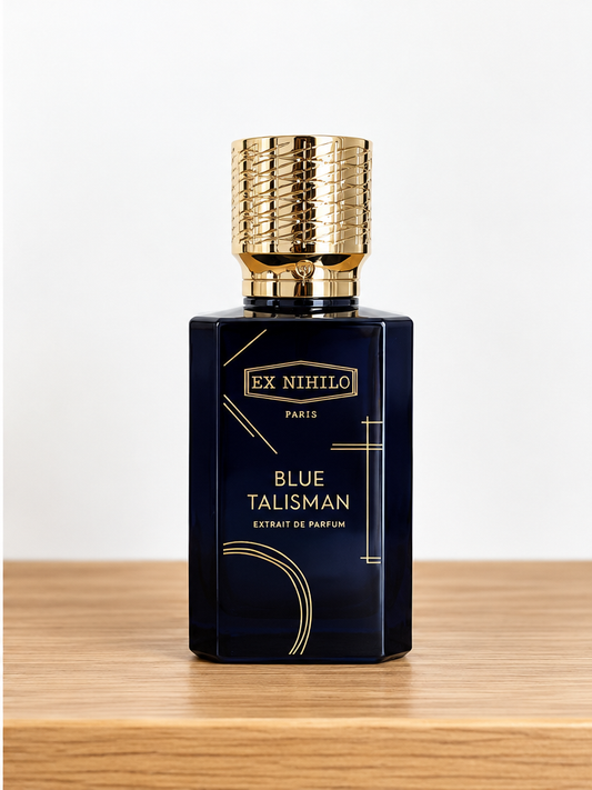 Blue Talisman Extrait perfume bottle product photography